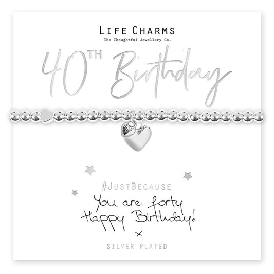 Happy 40th Birthday Silver Heart Beaded Bracelet - Life Charms Jewellery. Available at Sweet P, Burnside, Glasgow
