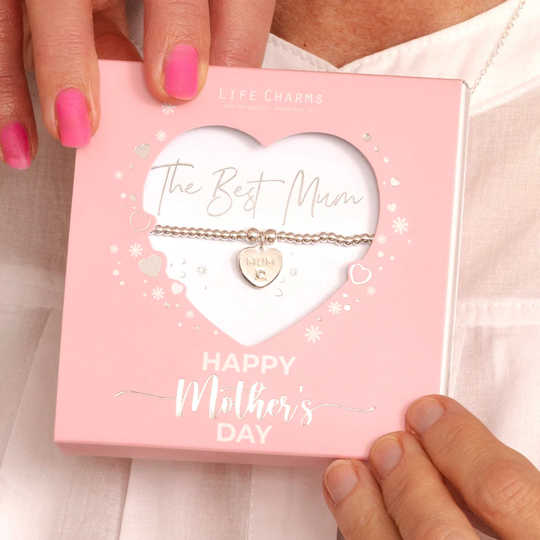 The Best Mum Silver Heart Beaded Bracelet - Life Charms Jewellery