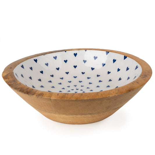 Large Mango Wood Bowl with Enamel Blue Heart Print