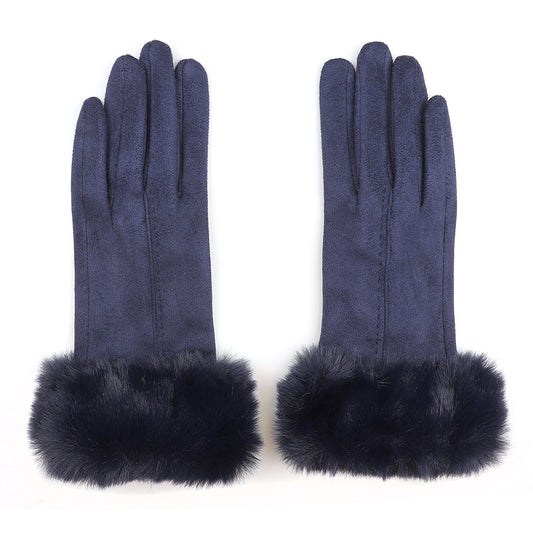Navy Faux Suede Gloves with Faux Fur Wrist Cuff