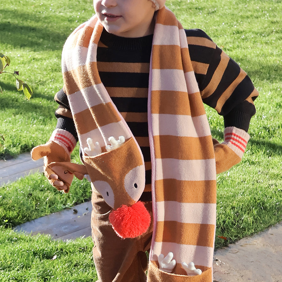 Merry and bright - stripe scarf with dasher reindeer pockets