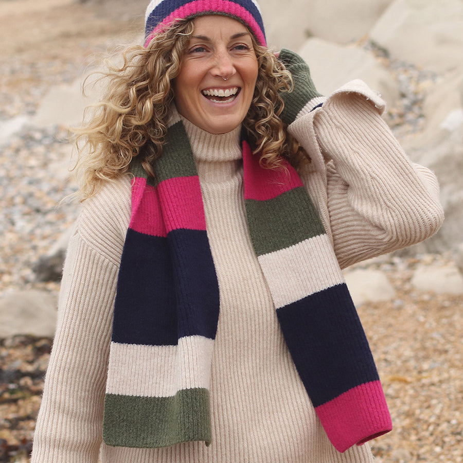 Pink, Khaki & Navy Stripe Knit Scarf
