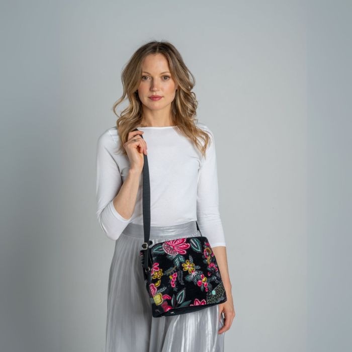 Earth Squared Black Printed Velvet Logan Bag