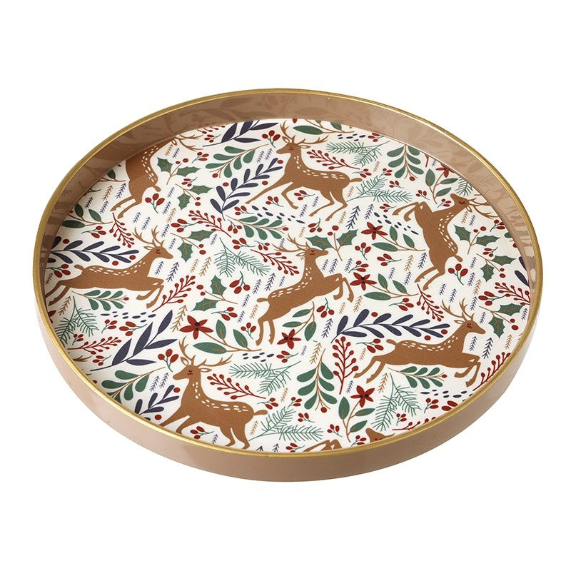 Round Christmas Tray with Reindeer Design, 22cm