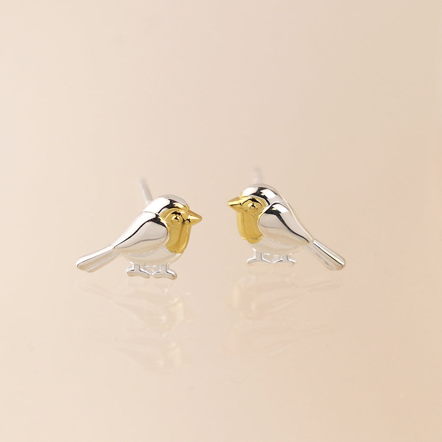 Sterling silver and gold robin stud earrings