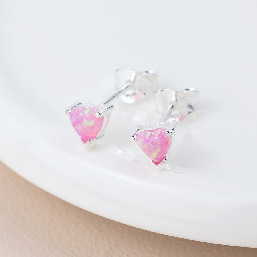 Sterling Silver Pink Opal Heart Stud Earrings