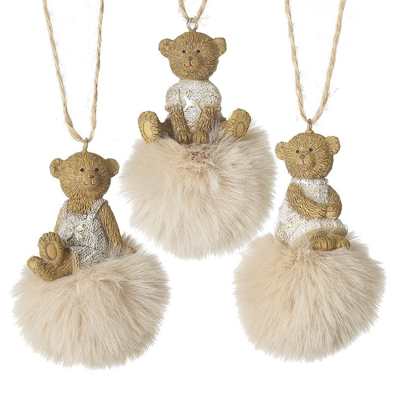 Teddy Bear on Pom Pom Christmas Decoration - Assorted