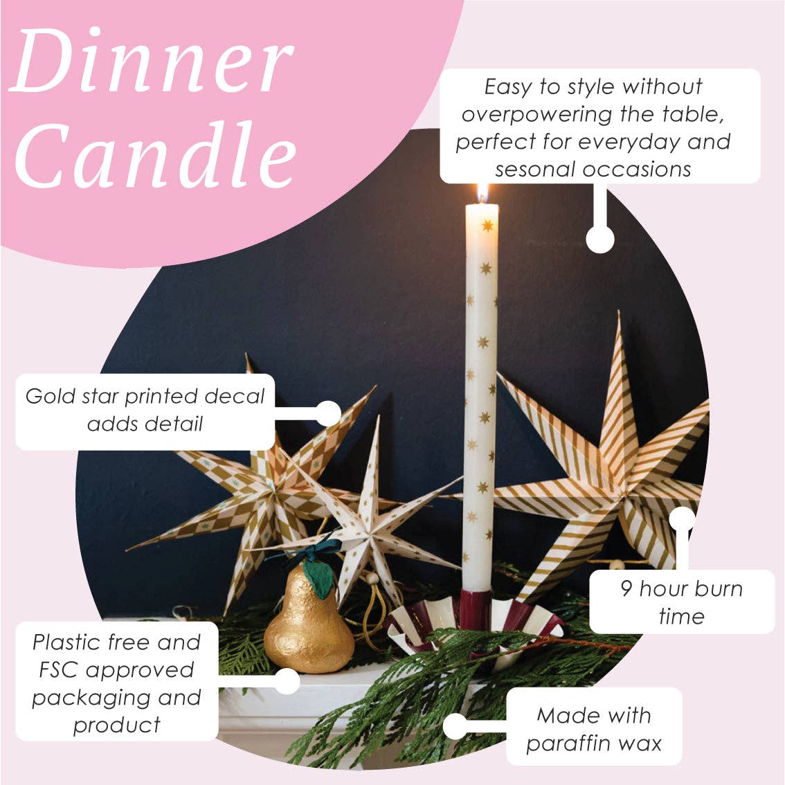 Gold Star Straight Dinner Candles - 12 Unit Display | Christmas |