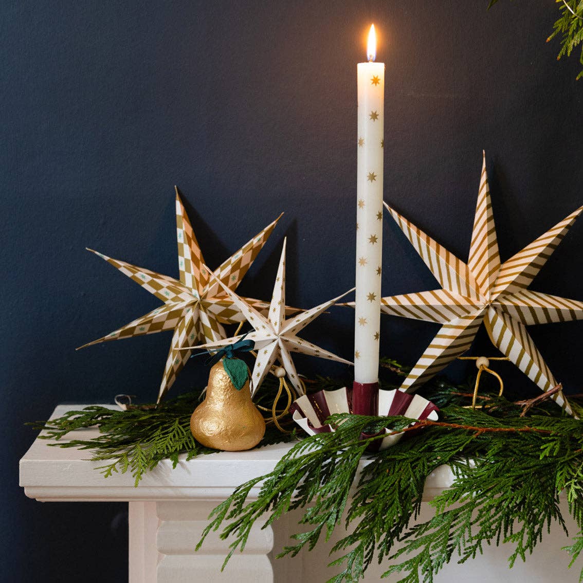 Gold Star Straight Dinner Candles - 12 Unit Display | Christmas |