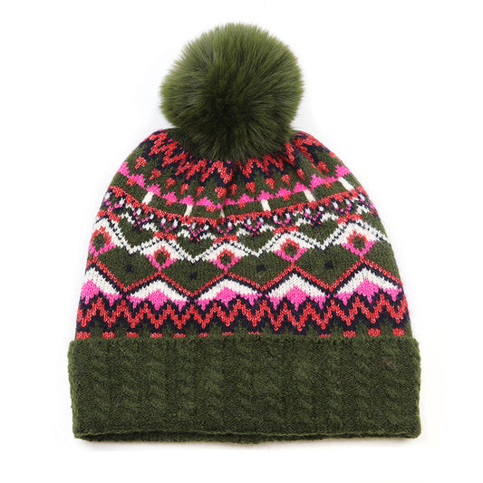 Deep Khaki and Pink Mix Fairisle Beanie Hat